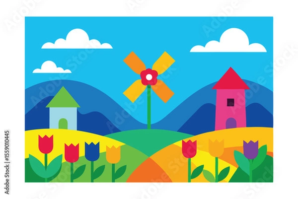 Fototapeta Vibrant Spring Landscape Colorful Houses, Windmill, and Tulips