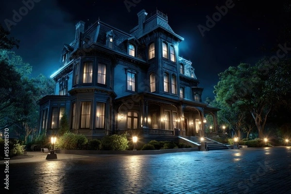 Fototapeta Haunted mansion illuminated by moonlight with lush surroundings at night