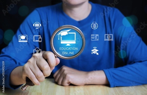 Fototapeta concept represents modern online education and digital learning platforms designed to build skills and knowledge through virtual classes, interactive content, and educational icons