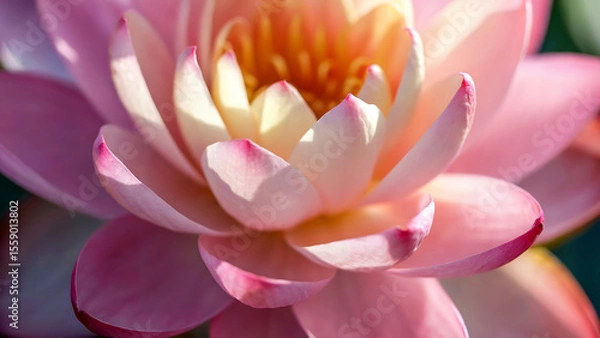 Fototapeta Close Up of a Delicate Pink Lotus Flower With Yellow Center and Graceful Petals Gently Unfolding