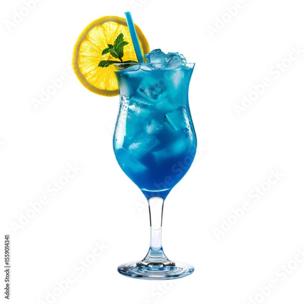 Fototapeta The Blue Lagoon is a vibrant, icy cocktail with a striking blue curasao base, mixed with vodka and lemonade. Garnished with lemon and mint, cut-out, clipping path, transparent