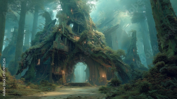 Obraz Mysterious elven gatehouse in a misty forest