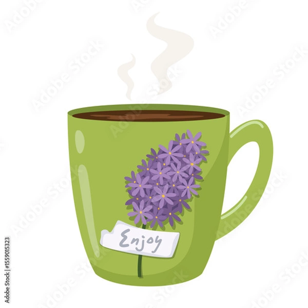 Fototapeta Green cup with tea, coffee. Cup with a flower on it. Vector isolated illustration on a white background.