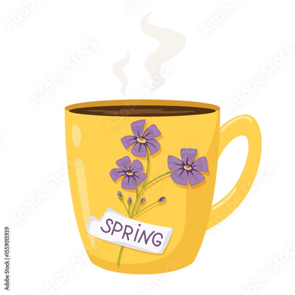 Fototapeta Yellow cup with tea, coffee. Cup with a flower on it. Vector isolated illustration on a white background.