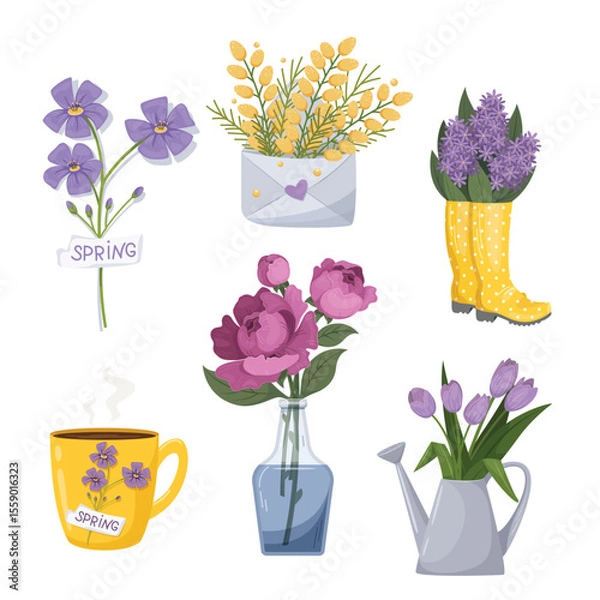 Fototapeta Set of vector illustrations with flowers on a white background. Flowers in a leaf,  in a garden watering can, in a vase, bottle. Flowers in rubber boots. Cup of coffee, tea.