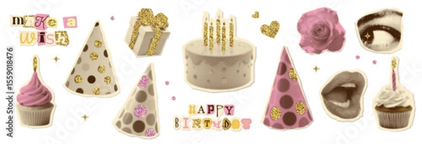 Fototapeta Happy birthday halftone collage cut outs set. Various paper clipping shapes with golden glitter. Present, cake, cone cap stickers with gold sparkle texture. Retro vector design for mixed media