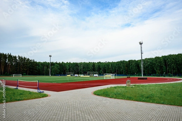 Fototapeta Running track on the stadium. Treadmill on sport field.