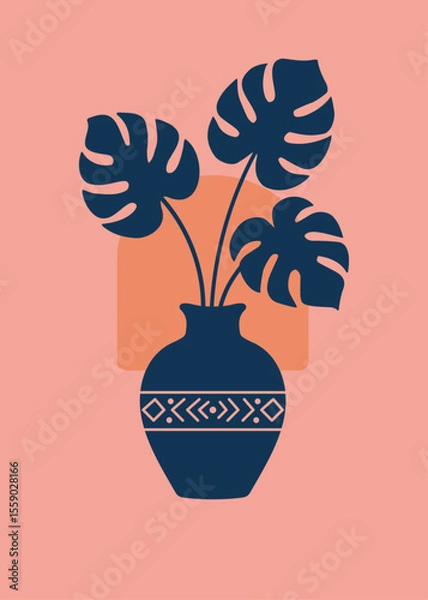 Obraz minimalist illustration of Monstera deliciosa in a vase, plant, natural, background. pink and blue. art for decoration. boho style