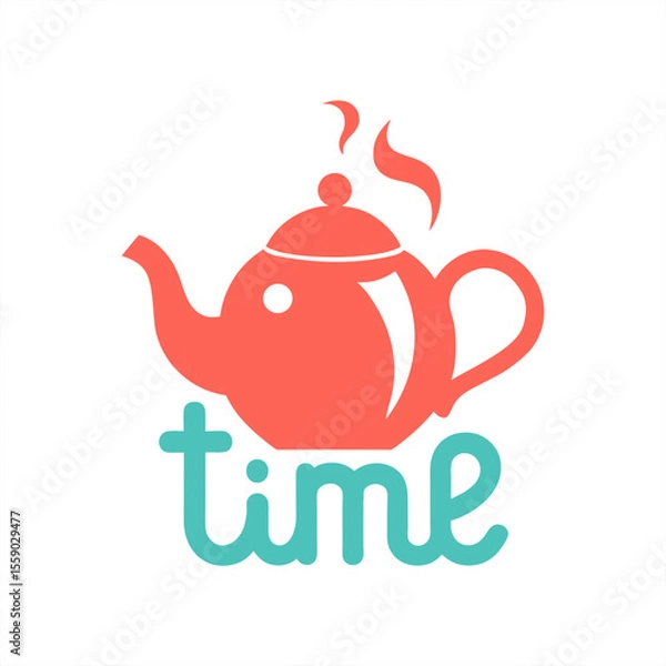 Fototapeta Tea time typography with steaming teapot illustration on transparent background for web and graphic design