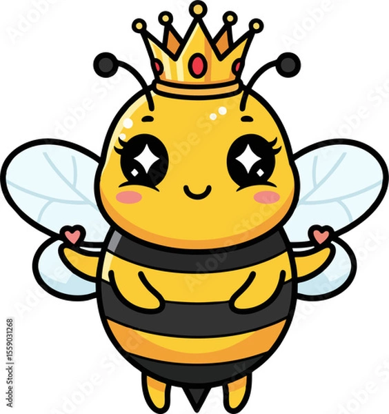 Obraz Adorable Queen Bee Cartoon with Crown and Heart Hands – Cute Kawaii Flying Insect Character for Kids and Nursery Art