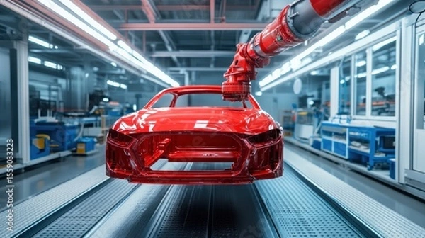 Obraz Red car body being painted in a factory