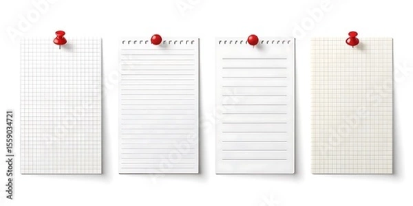 Fototapeta Four vertical notebook pages pinned with red pushpins on a white background