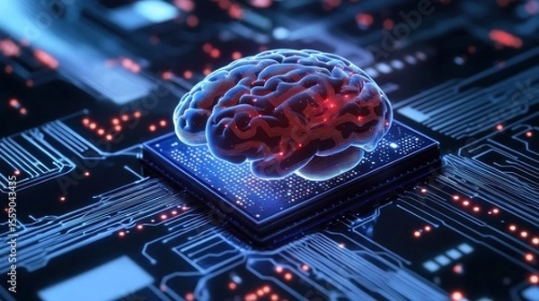 Fototapeta Human brain atop a computer chip