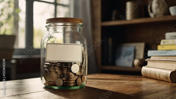 Fototapeta Transparent jar with assorted coins as home piggy bank. Money saving and budget concept.
