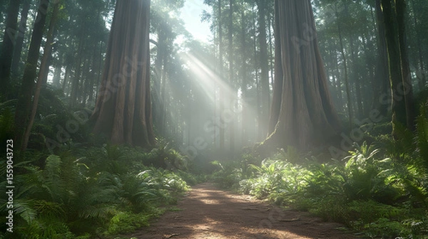 Fototapeta Sunlit Path Through Redwood Forest with Ferns and Towering Trees