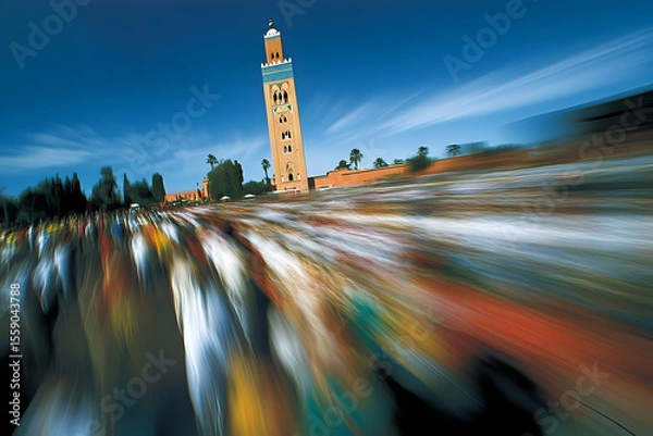 Fototapeta Motion Blur of Crowd Before Moroccan Minaret