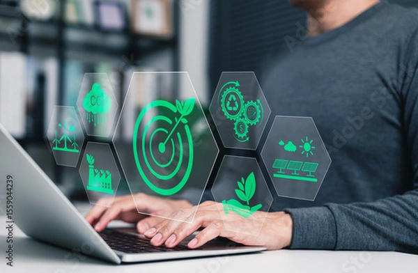 Obraz Sustainable business strategy and green technology concept. Icons representing sustainability, renewable energy, CO2 reduction, recycling, green business, environmental tech eco-friendly initiatives.