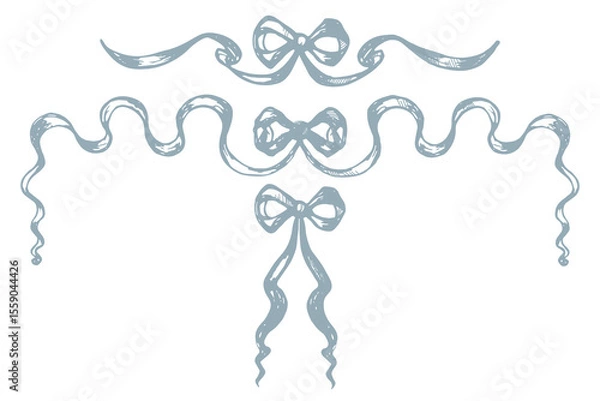 Obraz Vintage rococo baroque bows on isolated background. Victorian engraved ribbons tied in knot. Vector set wavy ribbon corners. Hand drawn design for wedding invitation, birthday card, bachelorette party