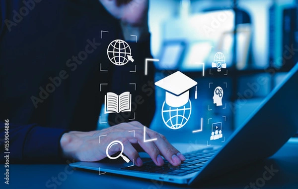 Obraz Online Education and E-Learning Digital Technology Concept. Icons of graduation cap, globe, book, and search representing online education, elearning, global knowledge sharing, and learn platform.