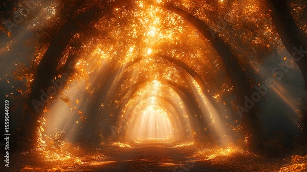 Fototapeta Golden Canopy: Sunlit Path Through Autumnal Forest Tunnel