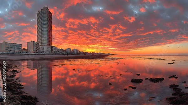 Fototapeta Fiery Sunset Reflections on the Beach with Modern Architecture S