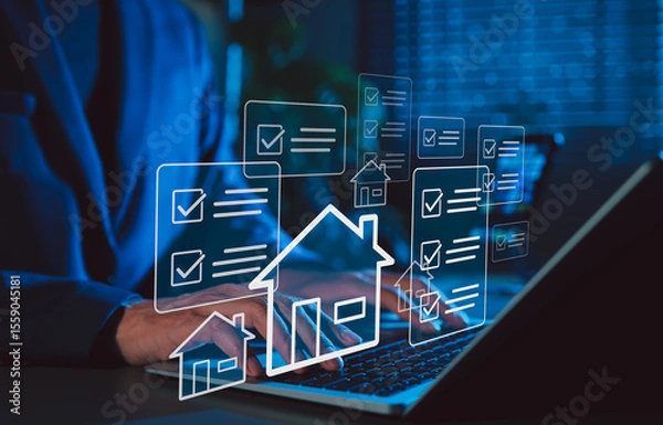 Obraz Real Estate Property Management and Checklist Concept. Person working with icons of houses and checklists, real estate property management, evaluation, housing inspection, and task tracking processes.
