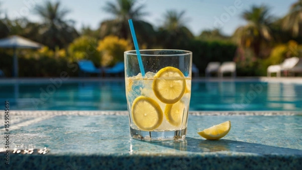 Fototapeta Cold Lemonade with Ice and Straw by Pool