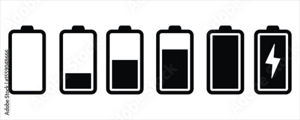 Obraz Battery Charge Status Icons Vector – Empty to Full with Lightning Bolt on White Background