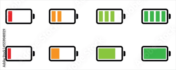 Obraz Battery Charge Level Icons Vector – Colorful Energy Symbols from Low to Full on White Background