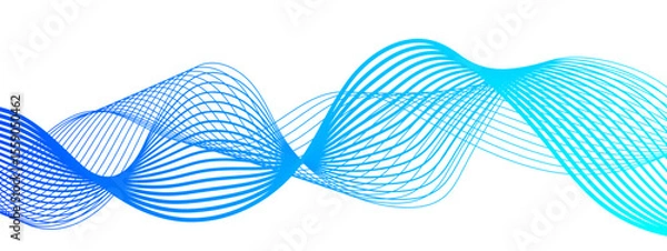Fototapeta Abstract modern background with flowing wave pattern composed of thin, translucent lines in shades of blue and cyan. Smooth, undulating rhythm and white backdrop, soundwaves or fluid motion.