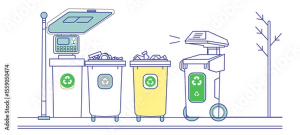 Fototapeta Minimalist Icons of Smart Recycling System – Sensor Bins, AI Sorters & Urban Waste Tracking
