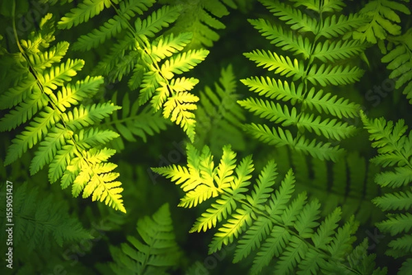 Fototapeta Green fern leaves glowing in sunlight, tropical foliage nature background close up, vibrant plant pattern in forest shade, natural jungle texture design for botanical freshness, eco environment concep