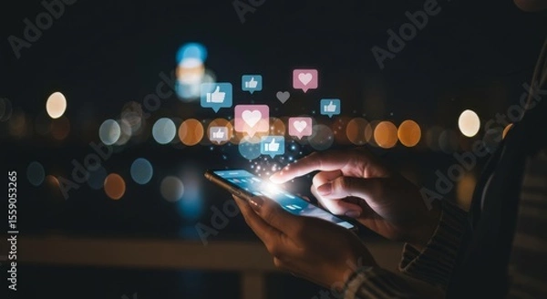 Obraz Interacting with Phone at Night Generating Like and Heart Icons