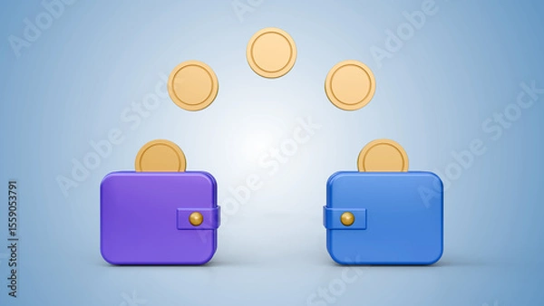 Fototapeta Cashback in two wallet concept with coins on a soft blue background. Flying golden coin exchange between two wallets. Finance transfer exchange online payment investment illustration.