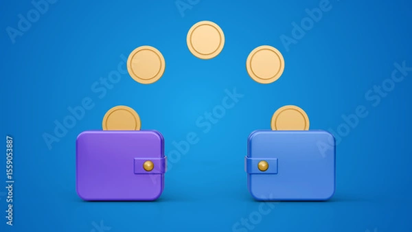 Fototapeta Cashback in two wallet concept with coins on a blue background. Flying golden coin exchange between two wallets. Finance transfer exchange online payment investment illustration.