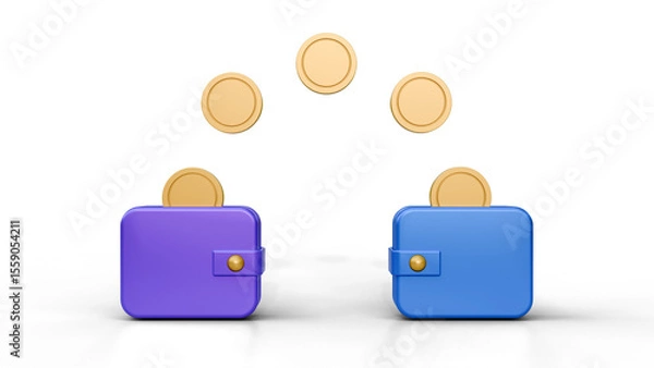 Fototapeta Cashback in two wallet concept with coins on a isolated background. Flying golden coin exchange between two wallets. Finance transfer exchange online payment investment illustration.