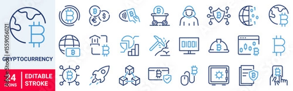 Fototapeta Cryptocurrency economy web icons collection. Blockchain package. Bitcoin, NFT, Vector illustration. Outline icon. Editable stroke.
