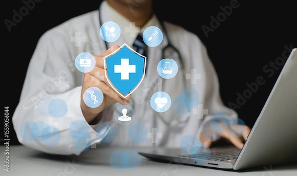 Fototapeta Doctor interacts with futuristic medical digital interface, illustrating the integration of AI and telehealth services. Evolution of online medical consultations and advanced healthcare solutions