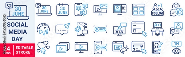 Fototapeta Social Media Day web line icons. Message, profile, social network, video, comment, and sharing icons.