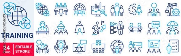 Fototapeta Teamwork training line icons related team, co-workers, cooperation. Linear busines simple symbol collection. vector illustration. Editable stroke