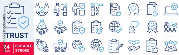 Fototapeta Trust web line icons. Integrity, confidence, reliability, credibility, empathy, friends collection. Vector illustration.