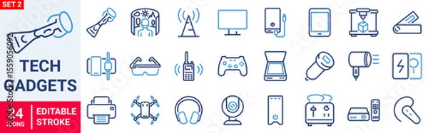 Fototapeta Tech Gadgets web icons in line style. Phone, tablet, laptop, startup, tv, dron, robot, game controler, vr, headphones, projector, collection. Vector illustration.