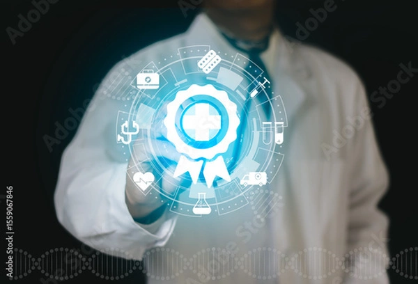Fototapeta A medical worker touch virtual screen of certification of standard quality control, guarantee of warranty. Digital internet business medical technology storage.Guarantee Standards ISO