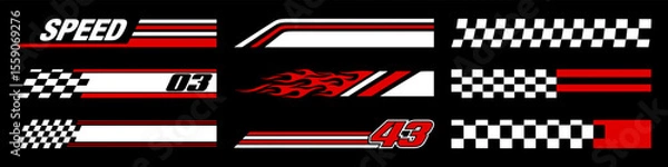 Fototapeta Racing cars and race car stripes set. Checkered flag, motocross labels, dynamic lines, motorsport, racing stripe speed, sport decals, tuning stickers
