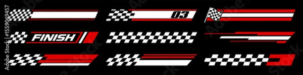 Fototapeta Racing cars and race car stripes set. Checkered flag, motocross labels, dynamic lines, motorsport, racing stripe speed, sport decals, tuning stickers