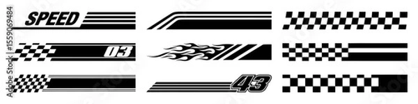 Fototapeta Racing cars and race car stripes set. Checkered flag, motocross labels, dynamic lines, motorsport, racing stripe speed, sport decals, tuning stickers