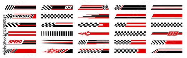 Fototapeta Racing cars and race car stripes set. Checkered flag, motocross labels, dynamic lines, motorsport, racing stripe speed, sport decals, tuning stickers