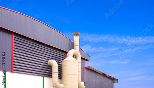 Fototapeta Wet scrubber exhaust air treatment system outside of production factory building against blue sky background, low angle view with copy space