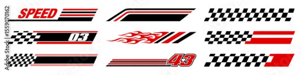 Fototapeta Racing cars and race car stripes set. Checkered flag, motocross labels, dynamic lines, motorsport, racing stripe speed, sport decals, tuning stickers