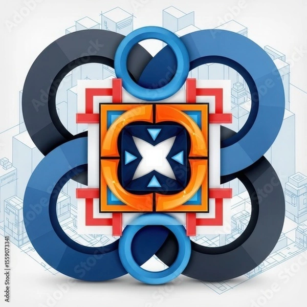 Fototapeta Abstract geometric design with interlocking circles and architectural blueprint background